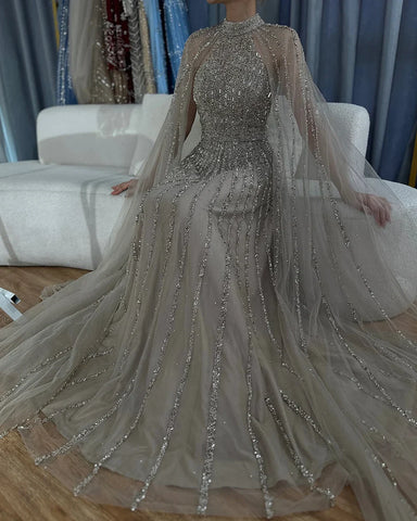 2025 Arabic Caramel A Line Cape Sleeve Beaded Luxury Saudi Evening Dresses Gowns For Formal Occasion LA72306B