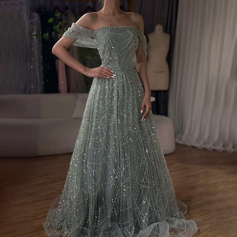 2025 Saudi Arabic Nude Pearls Beaded Design A-Line Evening Dresses Gowns for Formal Occasion LA72738