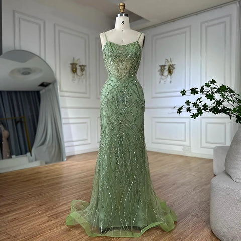 Luxury designer  Sage Green Beaded Evening Dresses  with  Overskirt LA72733A