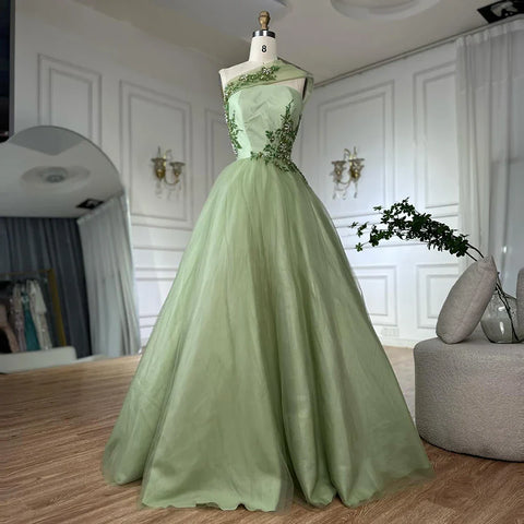 2025 Sage Green Elegant One-Shoulder A-Line Appliques Long Arabic Evening Gown for Formal Occasion LA72783