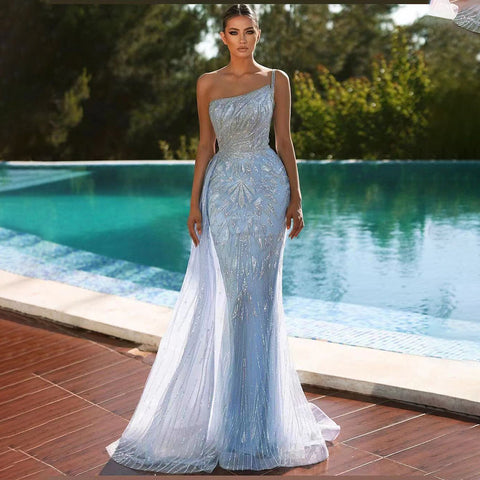 Vestido de noche elegante de sirena azul con sobrefalda, sexy, de un solo hombro y con cuentas, de lujo, para mujer, para fiestas, colección 2025, LA71730 