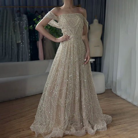 2025 Saudi Arabic Nude Pearls Beaded Design A-Line Evening Dresses Gowns for Formal Occasion LA72738