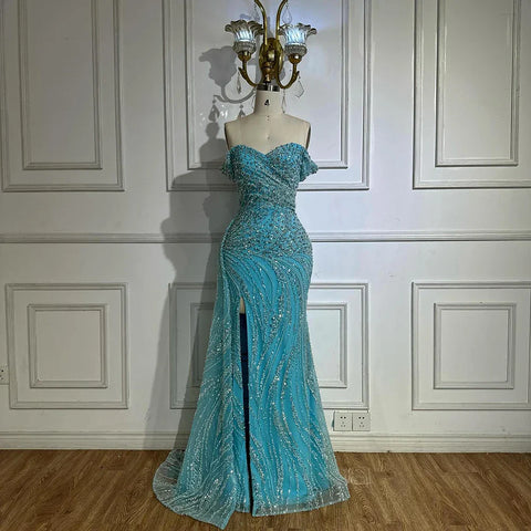 Silver Nude Mermaid High Split Beaded Luxury Evening Dress Gown LA72262