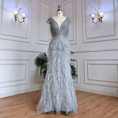 Brown Mermaid Elegant Luxury Beaded Evening Dress Gown with Feathers LA70801