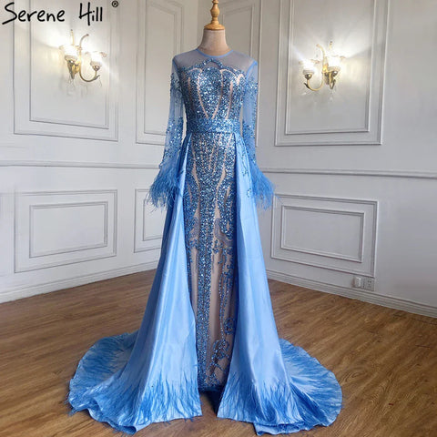 Blue  Long Sleeve Feathers beaded Evening Dresses Dubai Mermaid Luxury Evening Gowns 2025 LA60932