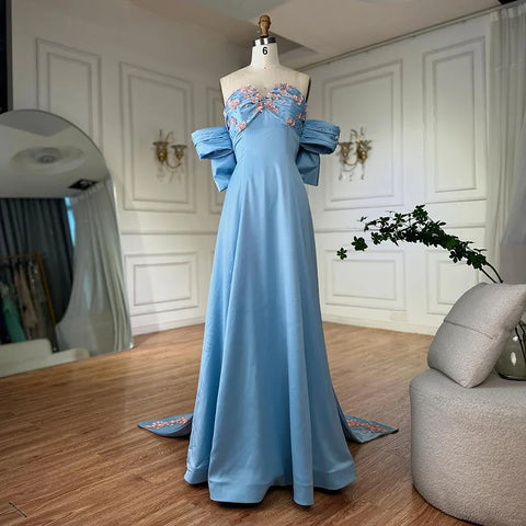 2025 Arabic Strapless Blue Beaded A-Line Saudi Evening Gown for Formal Occasion LA72792