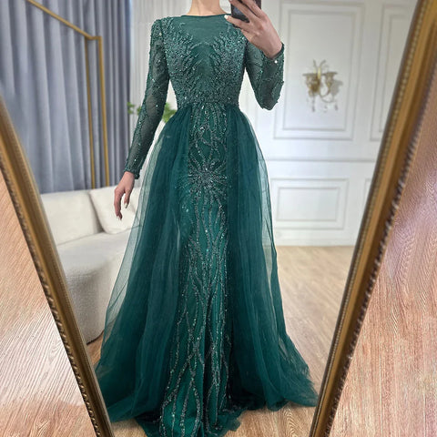 Robe de soirée musulmane verte avec traîne, style sirène, perles, élégante et luxueuse, pour femmes, LA71107, 2025 