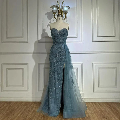 2025 Saudi Arabic Evening Gown for Formal Occasion Elegant Blue Beaded Dress with Slit LA72877