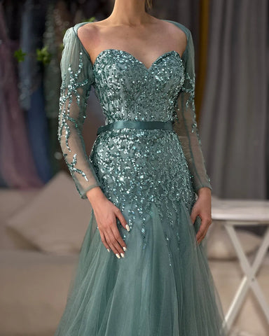 On Sale no return no refund Arabic Sexy Sweetheart Fuchsia A Line Long Sleeves Luxury Beaded Evening Dresses Gowns For Women Party 2025 LA71810