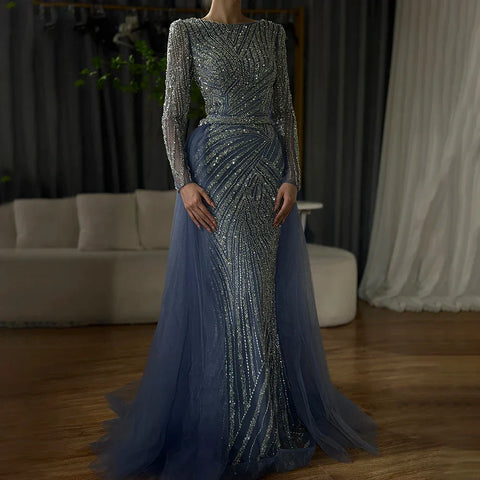 Vestidos de noche de lujo azules estilo sirena con cuentas, estilo musulmán, con falda desmontable, colección 2025 para mujer, modelo LA71750 