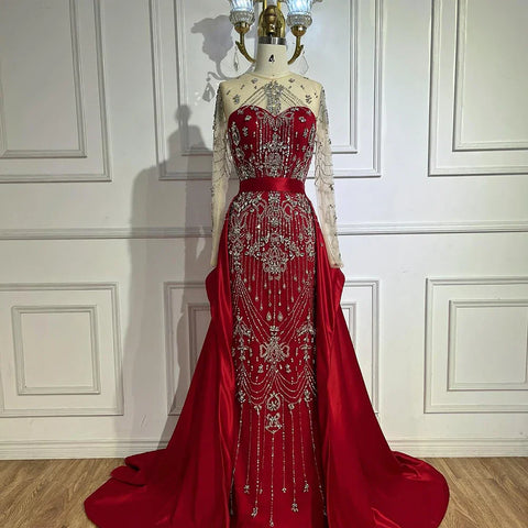 Luxury Beaded Blue Long Sleeves Evening Dresses with Overskirt  LA72757