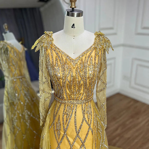 Robe de soirée sirène dorée musulmane avec jupe perlée, luxueuse robe de soirée de Dubaï, pour femmes, fête de mariage, LA72211, 2025 