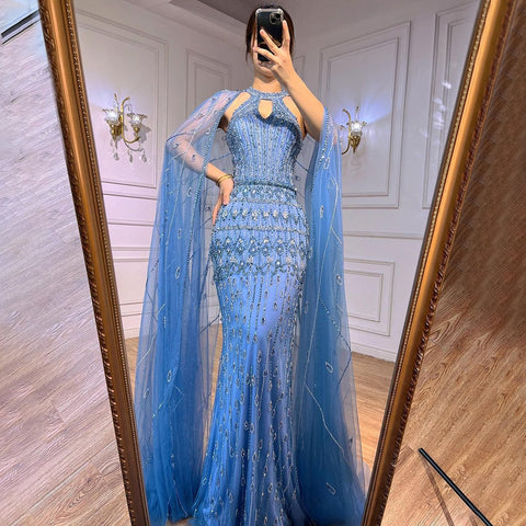 Luxury Dubai Mermaid Fuchsia Evening Dresses with Cape Sleeves LA71817