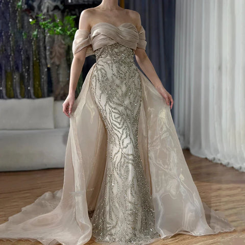 Arabic White Beaded Mermaid Elegant With Overskirt Luxury Dubai Evening Dresses Gowns for Women's Party 2025 LA72398