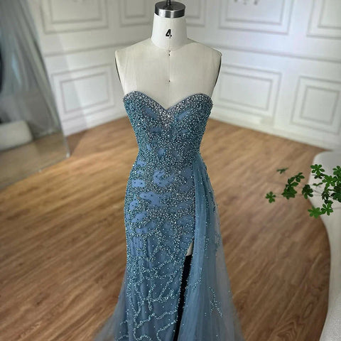 2025 Saudi Arabic Evening Gown for Formal Occasion Elegant Blue Beaded Dress with Slit LA72877