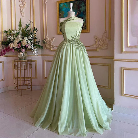 2025 Sage Green Elegant One-Shoulder A-Line Appliques Long Arabic Evening Gown for Formal Occasion LA72783