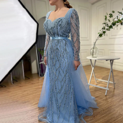 Vestidos de noche árabes elegantes con perlas y cuentas de lujo de sirena azul para mujer, ideales para bodas y fiestas LA71861 
