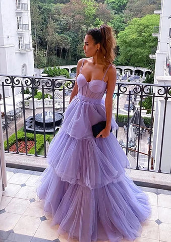 2025 Arabic Lilac A-Line Spaghetti Straps Long Tulle Prom Dress with Ruffles for Women's Party LA72681