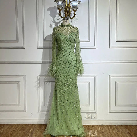 Luxury Beaded Feathers Sage Green Evening Dress Long Sleeves LA72394A