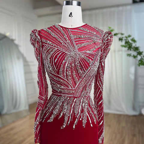 Vestidos de noche musulmanes de sirena color vino tinto, elegantes vestidos de terciopelo con cuentas 2025 para mujer, fiesta LA71449 