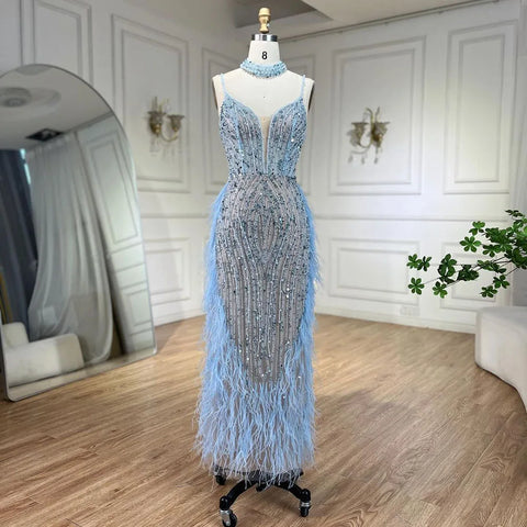 White Nude Mermaid Spaghetti Strap Beaded Feather Evening Dress Gown LA72047