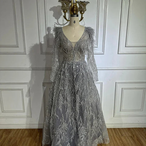 Robe de soirée longue de luxe style musulman, beige, ligne A, perles et plumes, style Dubaï, pour femmes, mariage, LA72172, 2025 