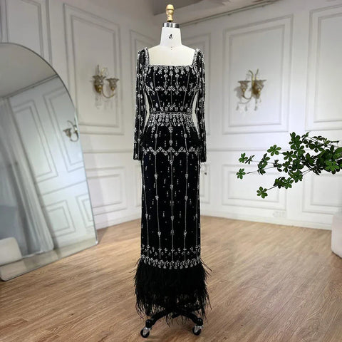 Muslim Turquoise Mermaid Elegant Evening Dresses Gowns 2025 Luxury Beaded Feather for Women Party LA71722