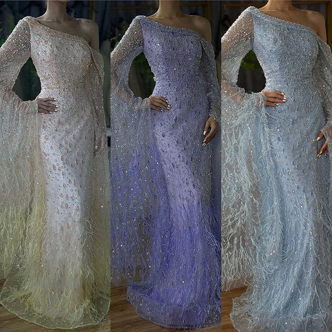 Luxury Feather One Shoulder Evening Dress with Cape Sleeves LA72763