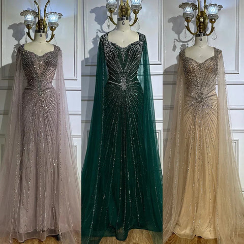 2025 Nude Cape Sleeves Beaded Saudi Arabic Evening Dresses Gowns for Formal Occasion LA72575A