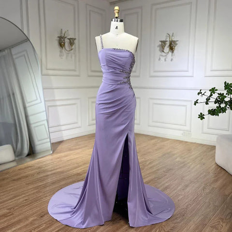 2025 Arabic Elegant Lilac Satin Mermaid One Shoulder Beaded Evening Dress Women's Party Gown with High Split LA72331