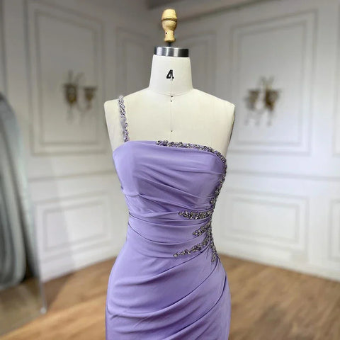 2025 Arabic Elegant Lilac Satin Mermaid One Shoulder Beaded Evening Dress Women's Party Gown with High Split LA72331