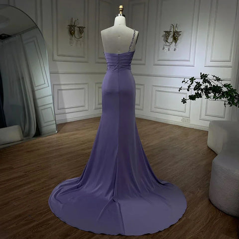 2025 Arabic Elegant Lilac Satin Mermaid One Shoulder Beaded Evening Dress Women's Party Gown with High Split LA72331