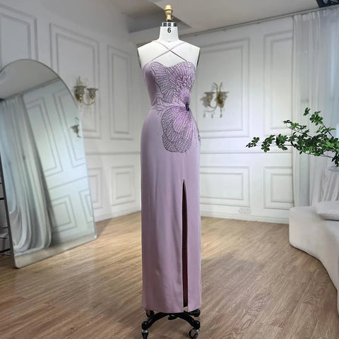 2025 Pink Satin Mermaid Spaghetti Strap Beaded Evening Dress Women's Party Gown with High Split and Gloves LA72001