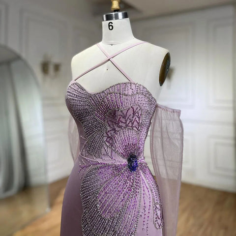 2025 Pink Satin Mermaid Spaghetti Strap Beaded Evening Dress Women's Party Gown with High Split and Gloves LA72001