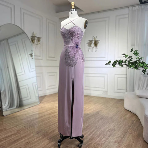 2025 Pink Satin Mermaid Spaghetti Strap Beaded Evening Dress Women's Party Gown with High Split and Gloves LA72001