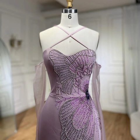 2025 Pink Satin Mermaid Spaghetti Strap Beaded Evening Dress Women's Party Gown with High Split and Gloves LA72001