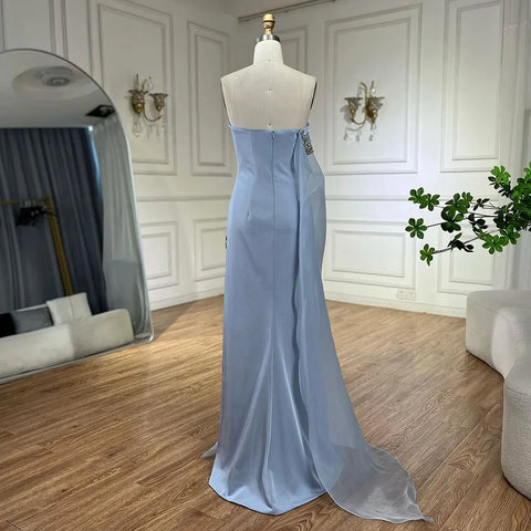 Robe de soirée sirène en satin bleu, asymétrique, élégante, manches cape, perles, robe de soirée pour femme avec fente haute, LA72504 