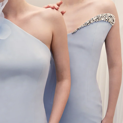 Robe de soirée sirène en satin bleu, asymétrique, élégante, manches cape, perles, robe de soirée pour femme avec fente haute, LA72504 