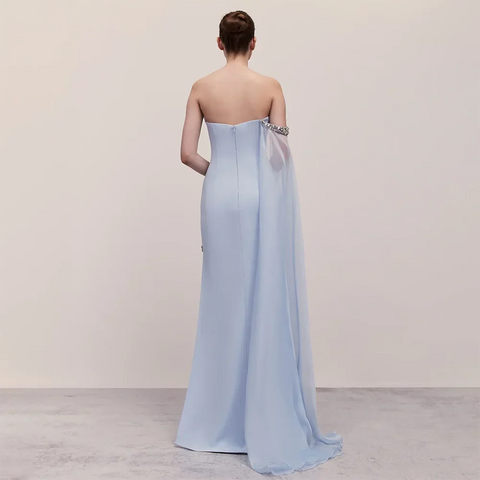 Robe de soirée sirène en satin bleu, asymétrique, élégante, manches cape, perles, robe de soirée pour femme avec fente haute, LA72504 