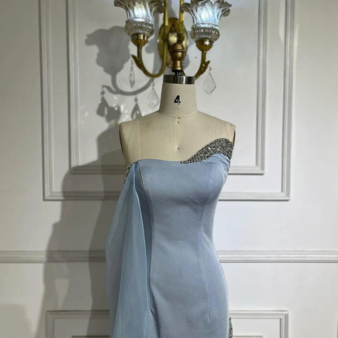 Robe de soirée sirène en satin bleu, asymétrique, élégante, manches cape, perles, robe de soirée pour femme avec fente haute, LA72504 