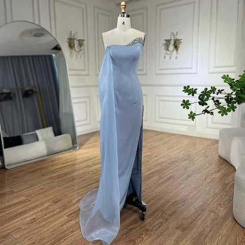 Robe de soirée sirène en satin bleu, asymétrique, élégante, manches cape, perles, robe de soirée pour femme avec fente haute, LA72504 