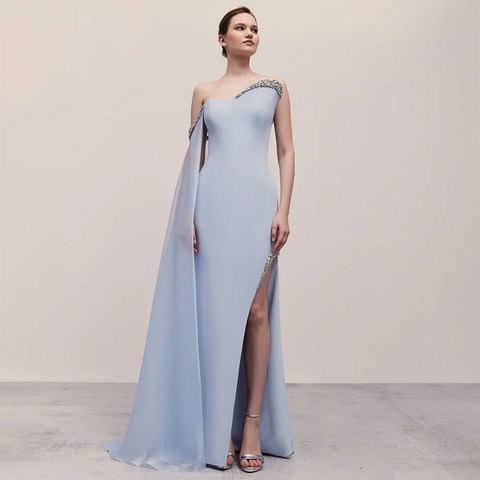 Robe de soirée sirène en satin bleu, asymétrique, élégante, manches cape, perles, robe de soirée pour femme avec fente haute, LA72504 