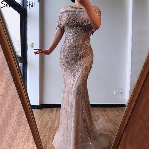 Nude Mermaid Luxury Evening Dresses For Woman 2025 Dubai Diamond Sequins Formal Dress LA70519