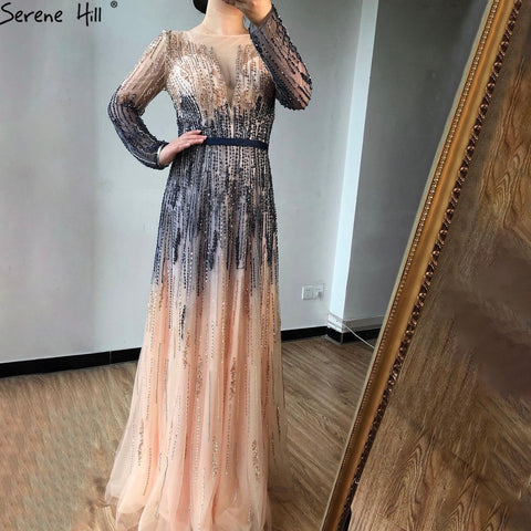 Gradient Luxury Evening Gowns  2025 Long Sleeves Beading Sparkle A-Line Formal Dress LA70323