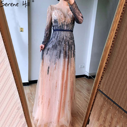 Gradient Luxury Evening Gowns  2025 Long Sleeves Beading Sparkle A-Line Formal Dress LA70323