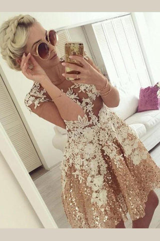 Sequins Beaded Half Sleeves Short Prom Dress, Appliques Sheer Back Homecoming Dress