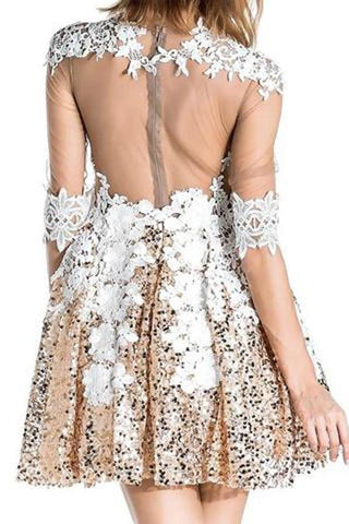 Sequins Beaded Half Sleeves Short Prom Dress, Appliques Sheer Back Homecoming Dress