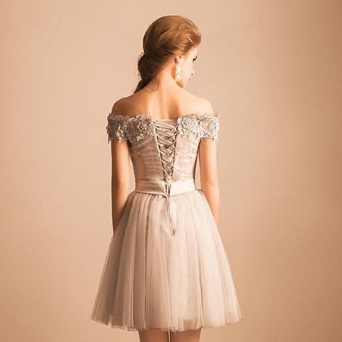 Off The Shoulder Tulle Short Prom Dress, Appliques Scoop Homecoming Dresses