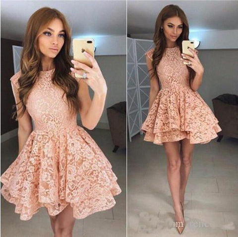 Vestido corto de fiesta con apliques abullonados de encaje coral, vestido de baile de bienvenida económico con volantes