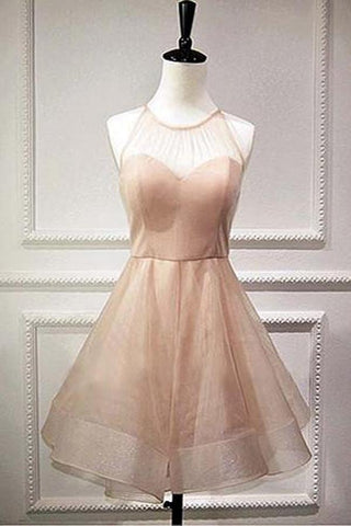 Cute Tulle Pink Sheer Halter Lace Up Homecoming Dresses, Party Dress